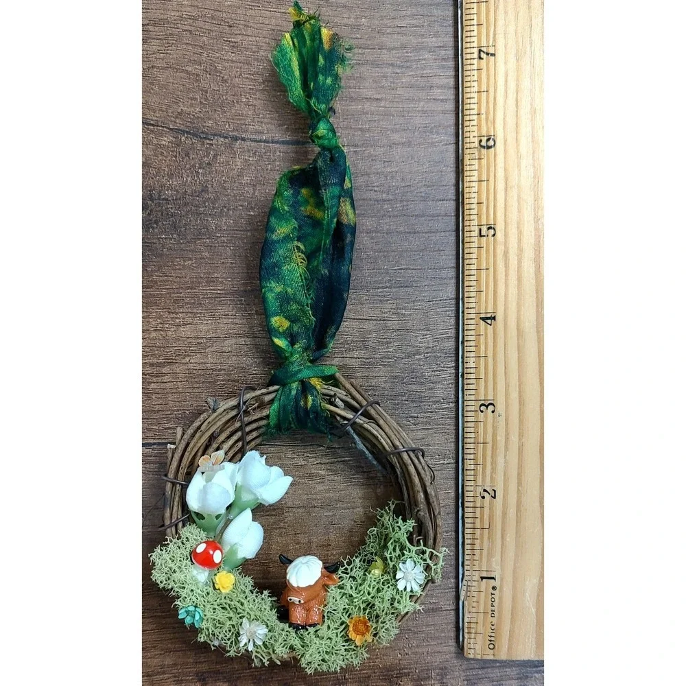 Highland Cow Wreath Christmas Ornament Handmade Diorama Fairy Garden OOAK